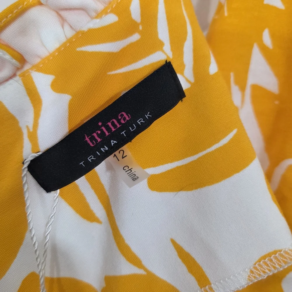 NWT Trina Turk Zile Dress Yellow Floral Size 12 Ruffle Sheath Sleeveless Midi - Picture 11 of 12